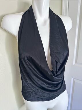 Zara Black Satin Halter Drape Top